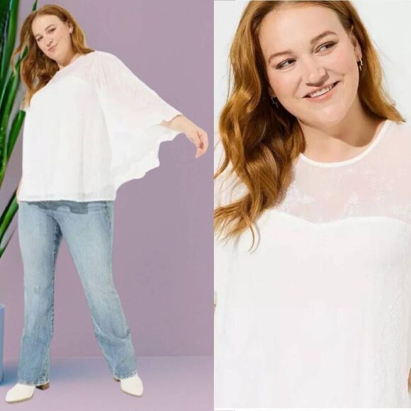 Torrid White Flocked Mesh Crew Neck Bell Sleeve Swing Top Plussize 2X NWT - Picture 7 of 14